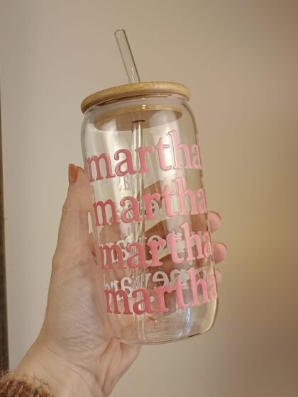 Pink Martha's Vineyard glass can tumbler by misty lea