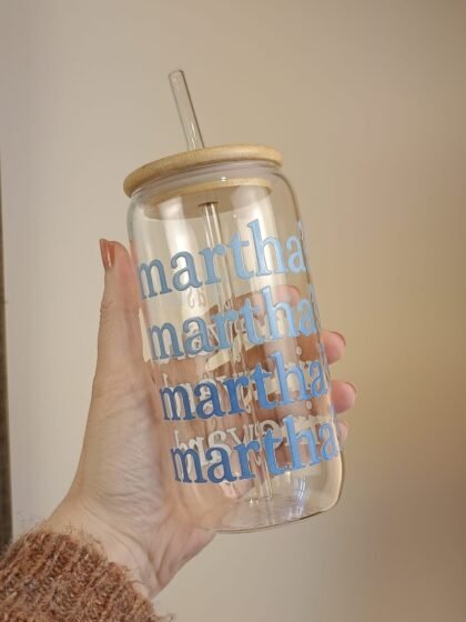 Blue Martha's Vineyard glass can tumbler by misty lea