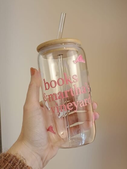 Books and Martha's Vineyard glass can tumbler by misty lea